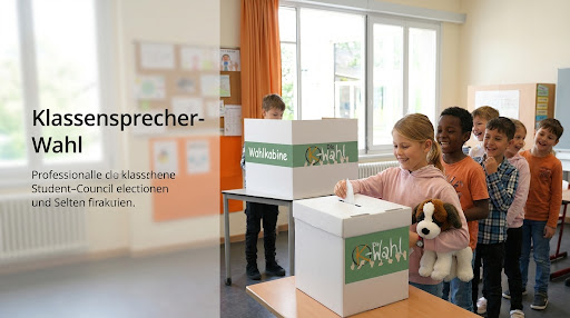 Kinder bei der Klassensprecher-Wahl mit Wahlkabine und K-Wahl-Urne